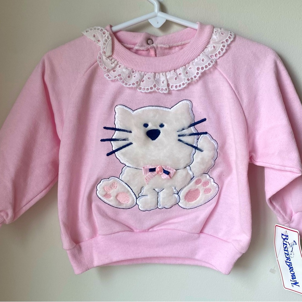 Buster Brown Vintage Lace Pink Cat Baby Sweater 18 Months